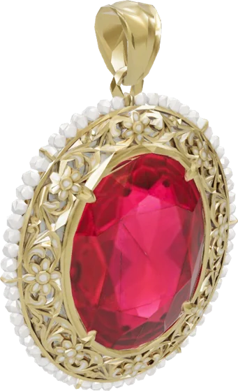 Kaustubha, a ruby pendant set in gold and pearls.